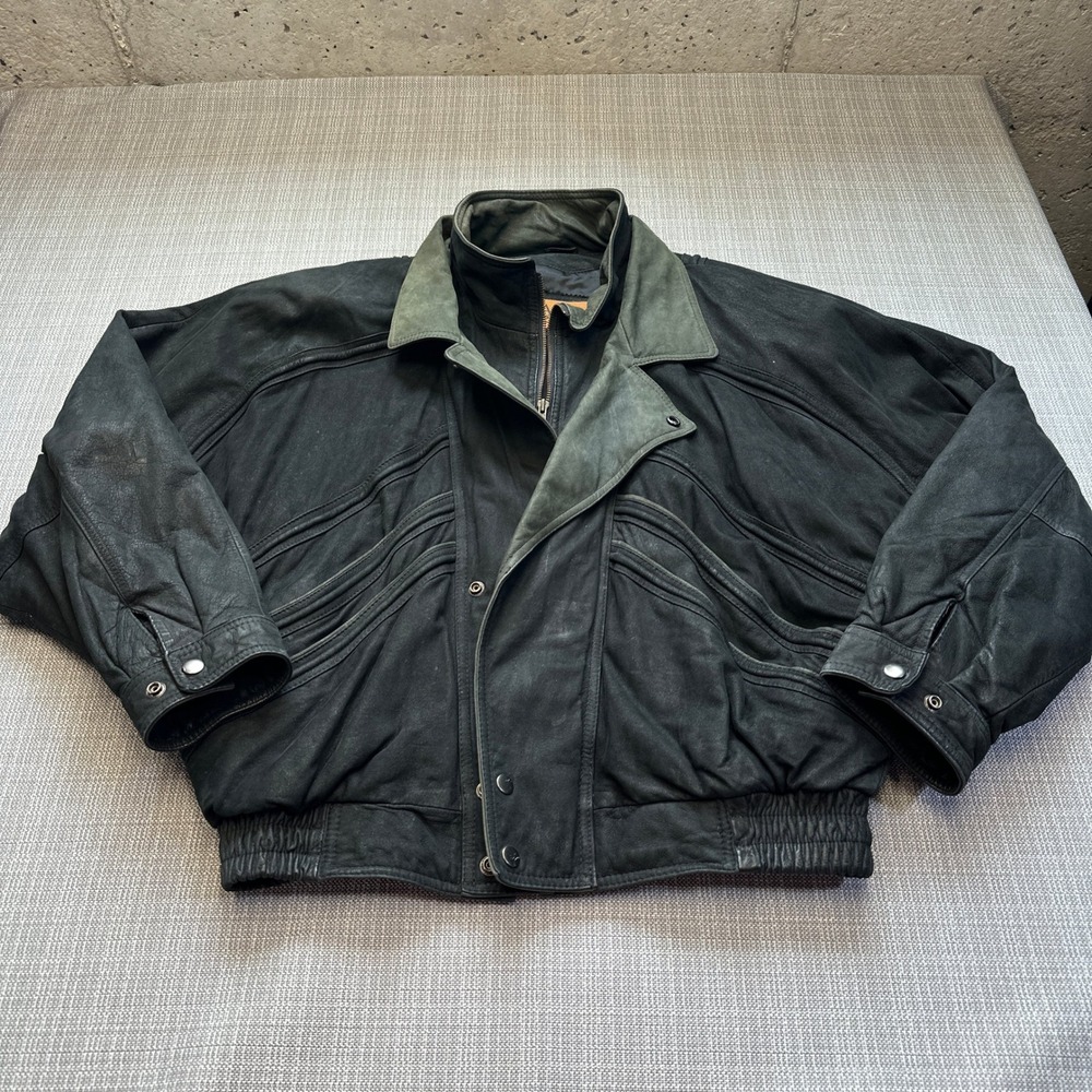 Vintage Black Leather Bomber Jacket Mens Large Full Zip Korea Made 90s Grunge *